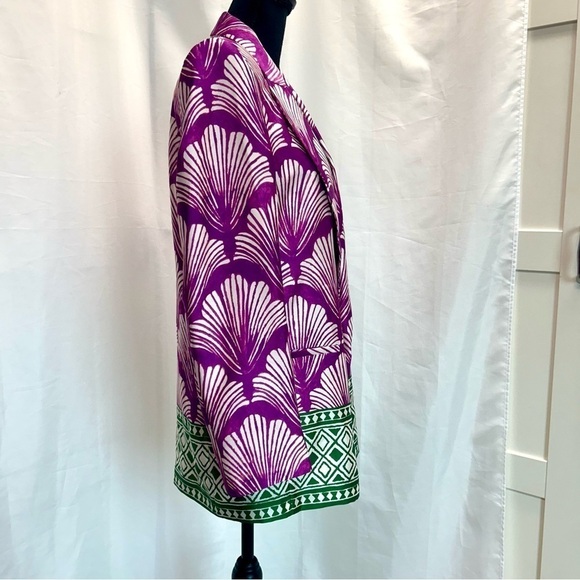 Zara fuchsia purple green printed satin open front long sleeve lapel blazer S - Picture 5 of 13